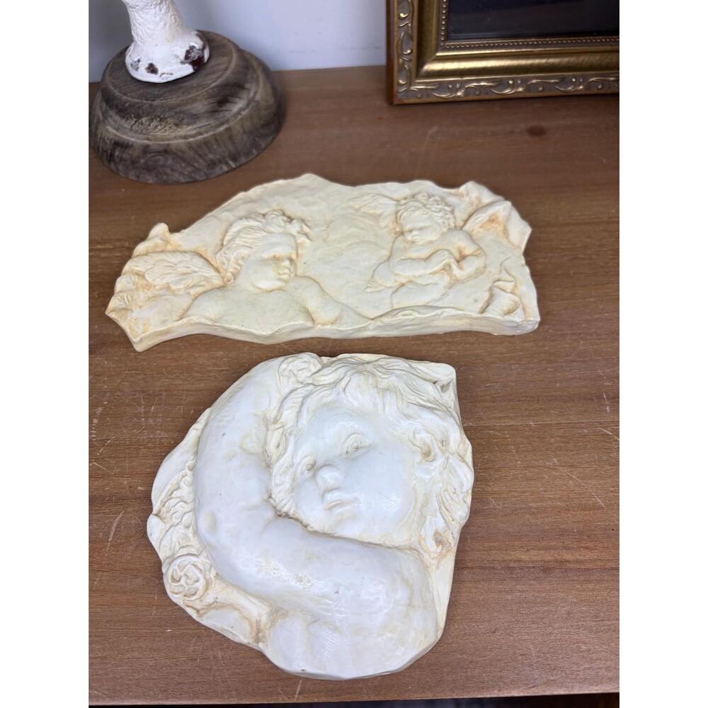 Vintage Hen Feathers Cherub Wall Plaque Set Angel Relief Wall Decor Cottagecore